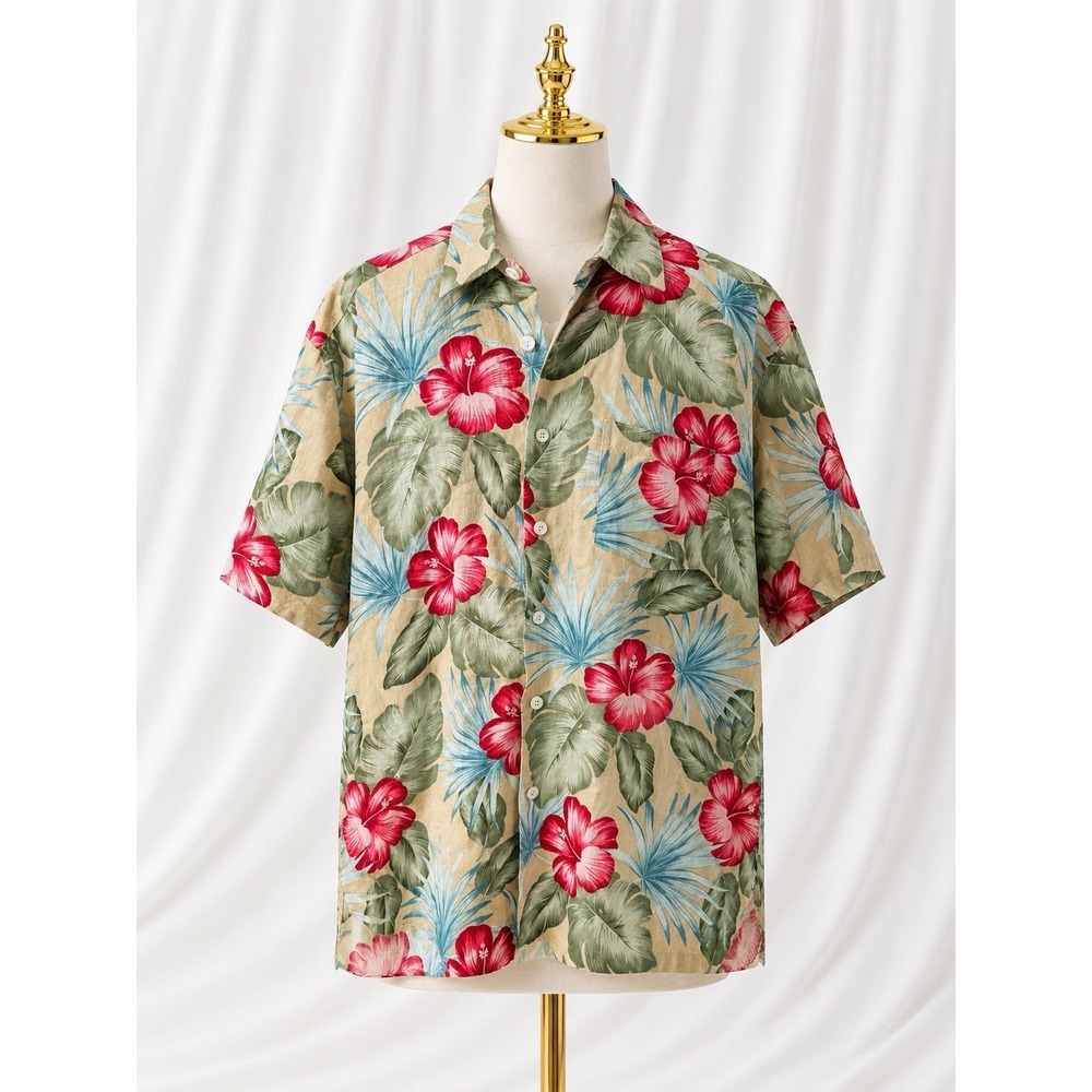 ALEX CANNON Luxe Linen Button-Up‎ Tropical Print Shirt Sz L Resortwear Hawaiian